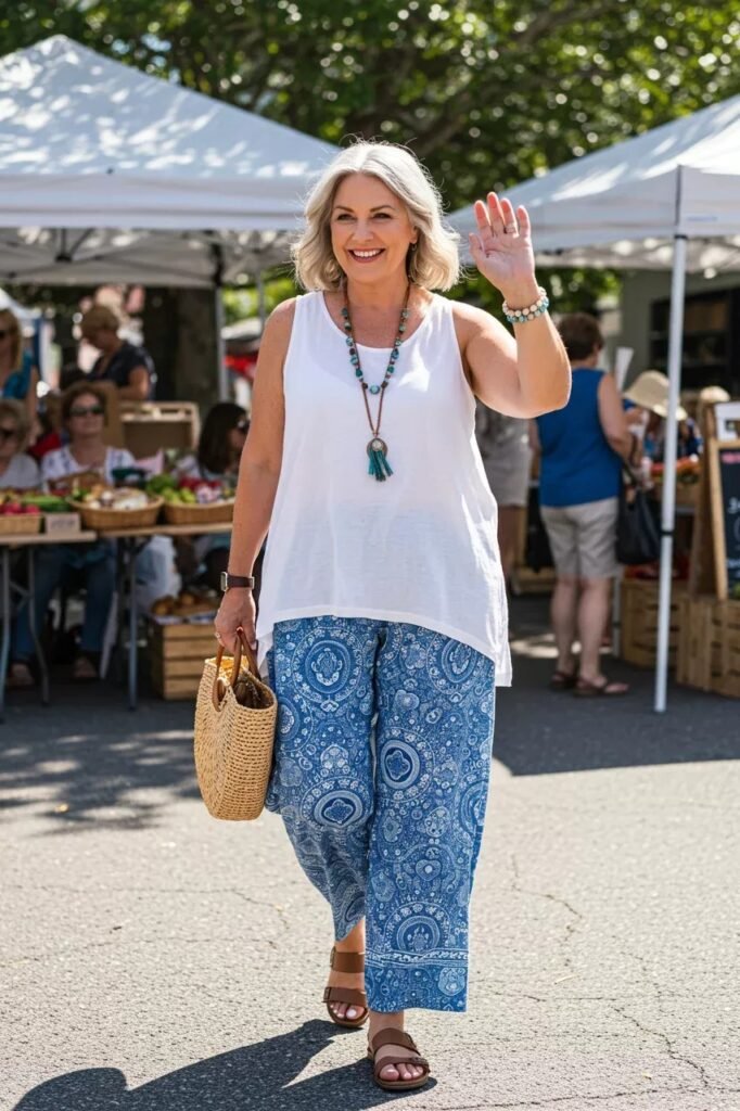 White Oversized Tank + Blue Paisley Wide Leg Pants + Brown Leather Sandals