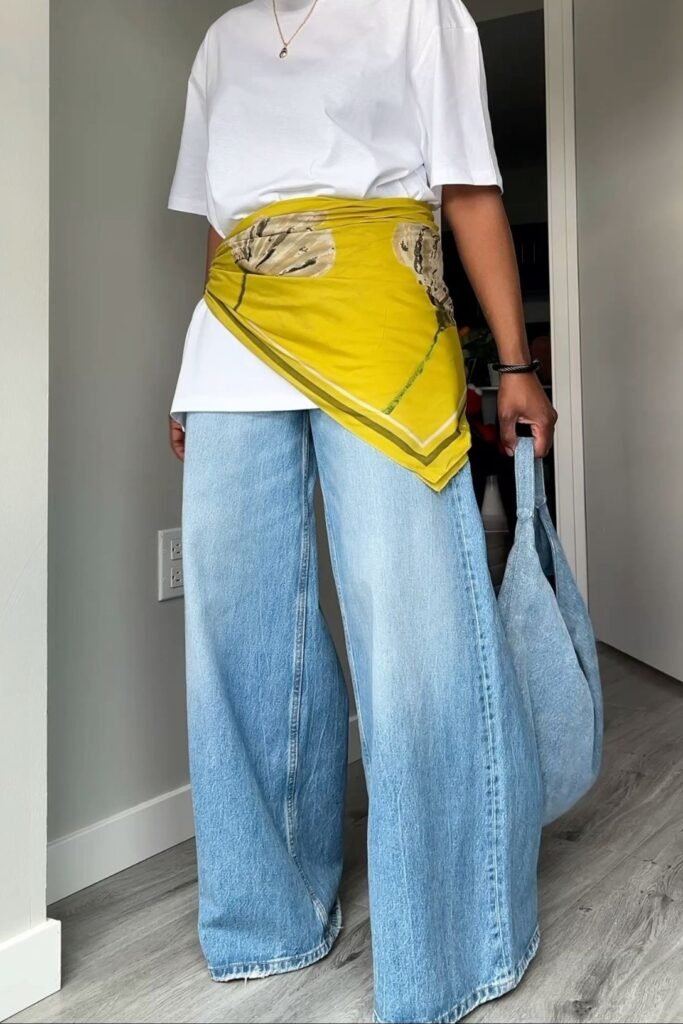 White Oversized Tee + Wide Leg Jeans + Mustard Patterned Scarf Belt
