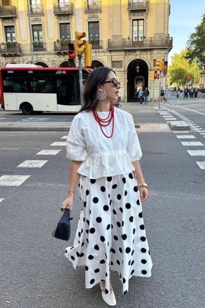White Peplum Blouse + Oversized Polka Dot Maxi Skirt + White Loafers