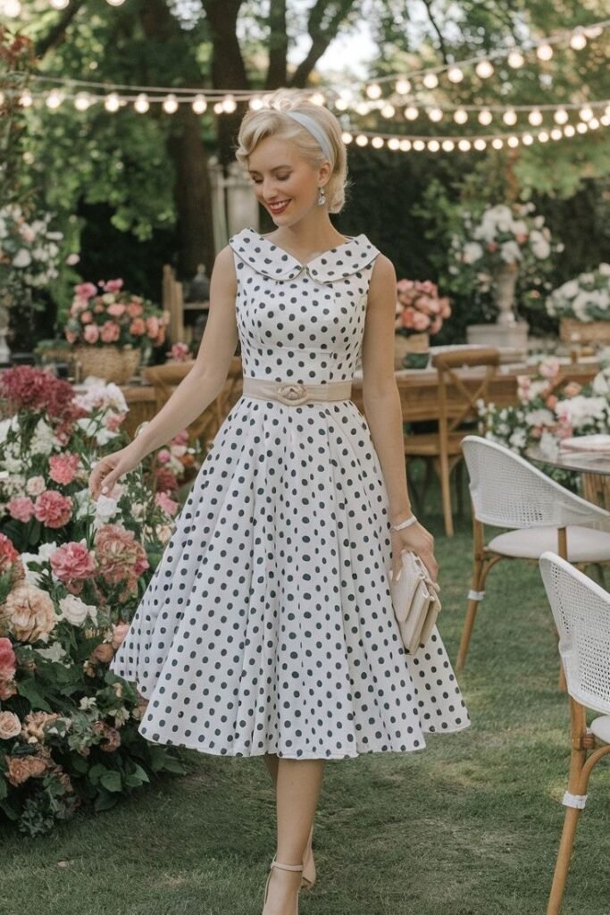 White Peter Pan Collar Polka Dot Dress + Tan Buckle Belt + Nude Block Heels