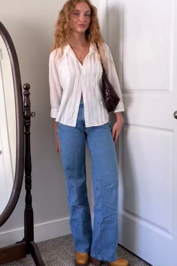 White Pleated Blouse + Light Wash Straight Jeans + Tan Boots