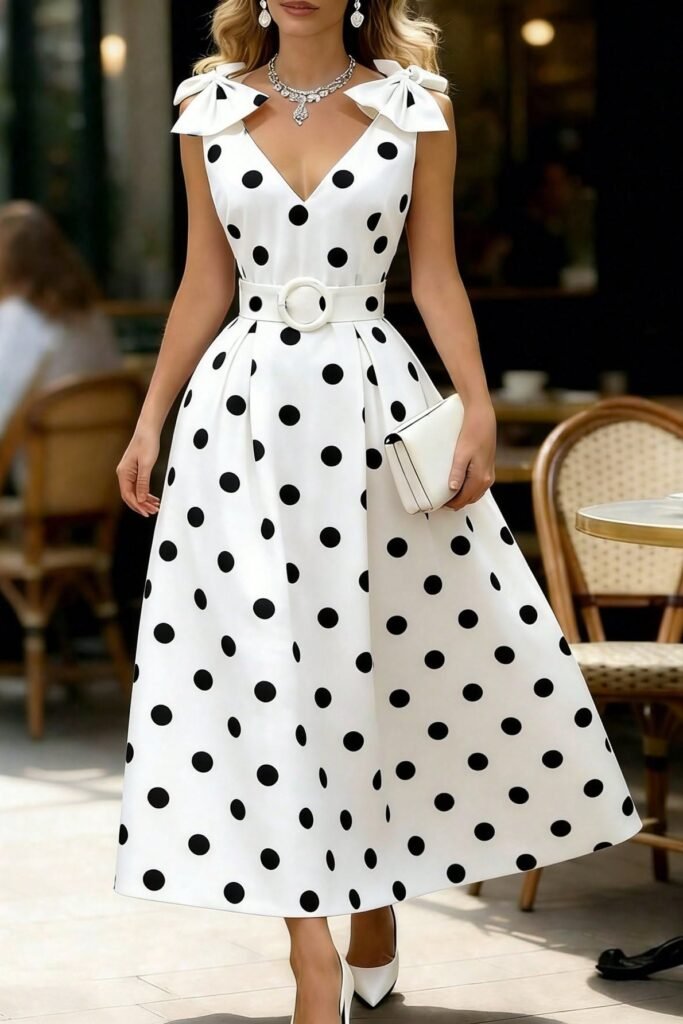 White Polka Dot A Line Midi Dress + Shoulder Bows + White Statement Belt + White Clutch