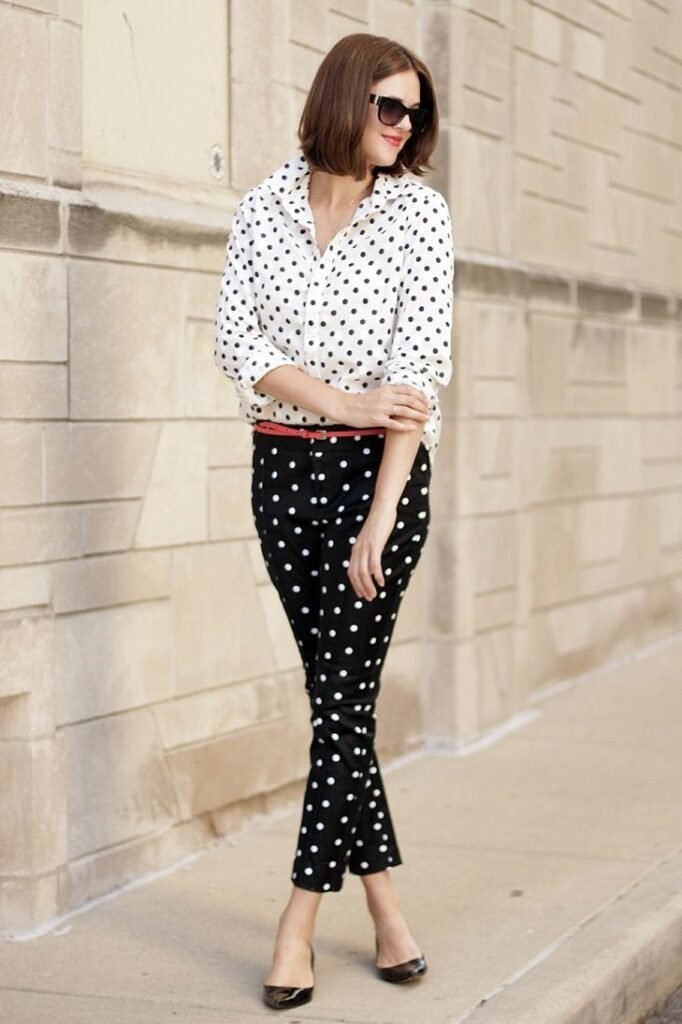 White Polka Dot Button Down + Black Polka Dot Slim Trousers + Red Skinny Belt
