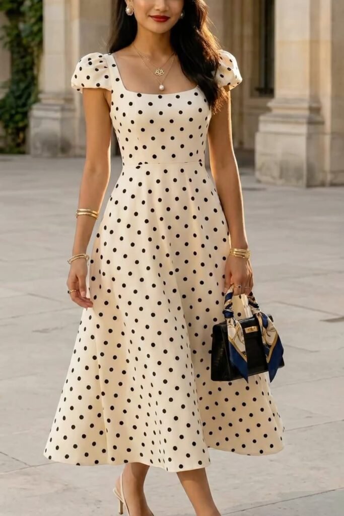 White Polka Dot Cap-Sleeve Tea Dress + Black Mini Handbag + Gold Jewelry