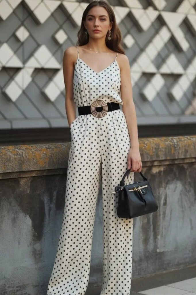 White Polka Dot Jumpsuit + Black Statement Belt + Black Top Handle Bag