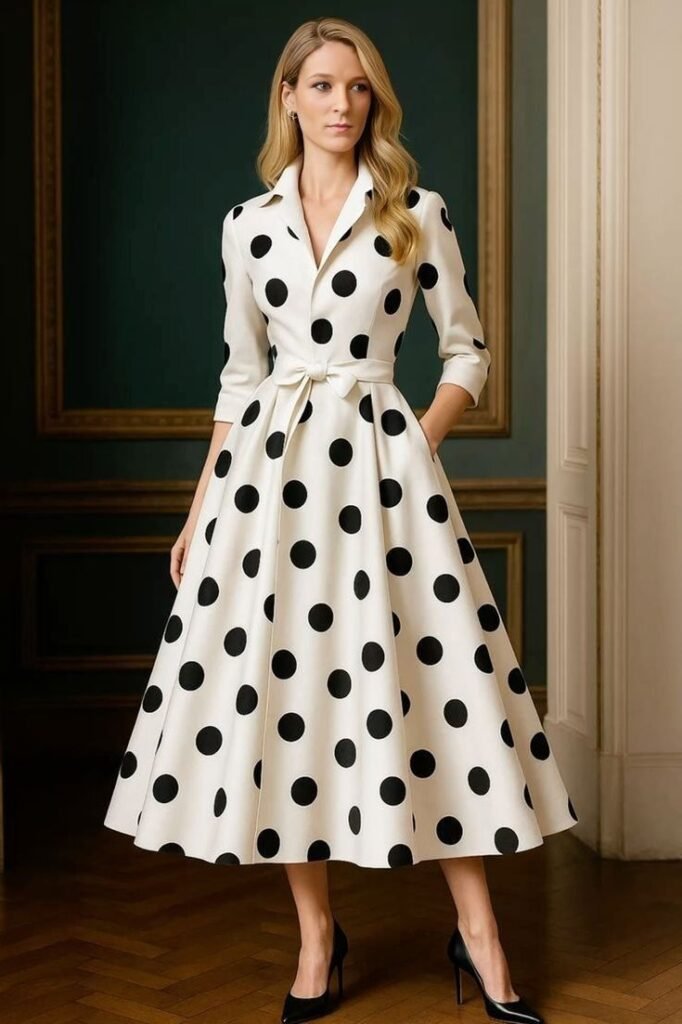 White Polka Dot Midi Shirt Dress + Black Stiletto Pumps