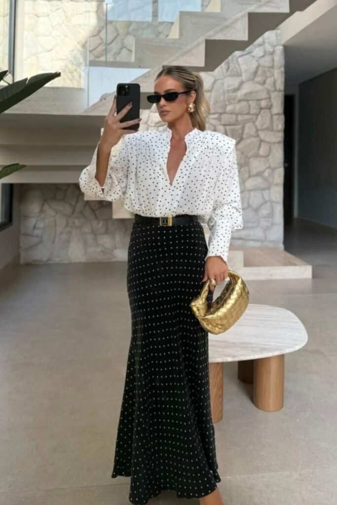White Polka Dot Puff Sleeve Blouse + Black Micro Dot Maxi Skirt + Black Rectangular Sunglasses