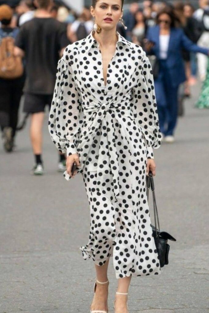 White Polka Dot Puff-Sleeve Maxi Dress + Front-Tie Detail + Nude Strappy Sandals