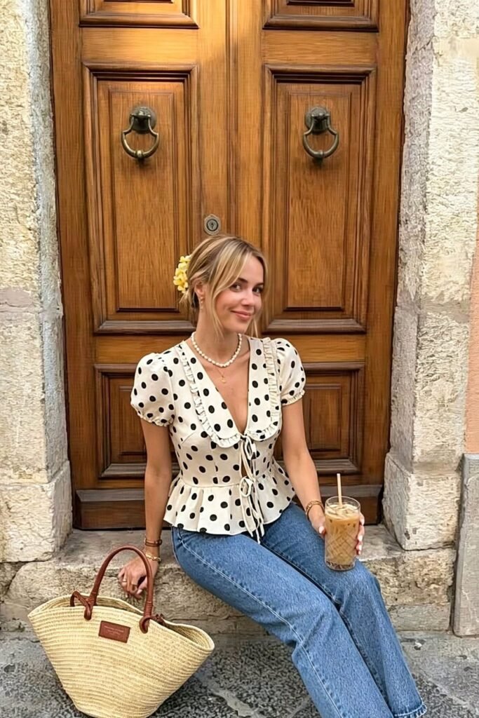 White Polka Dot Puff Sleeve Peplum Top + Blue Straight Leg Jeans + Straw Tote Bag