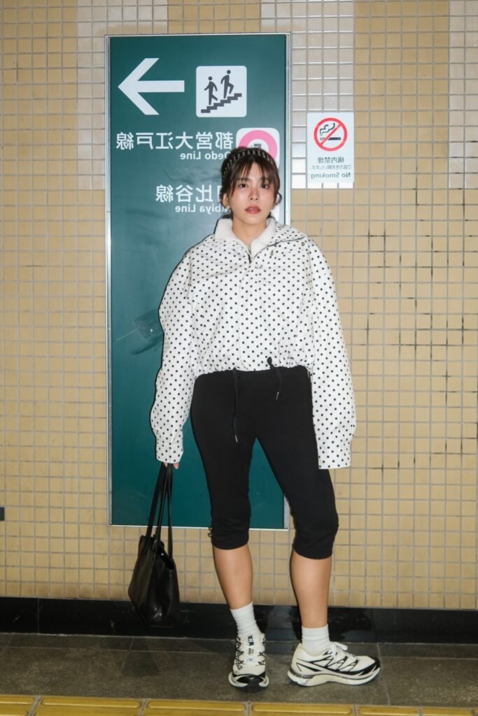 White Polka Dot Puffer Jacket + Black Capris + White Crew Socks + White Athletic Sneakers