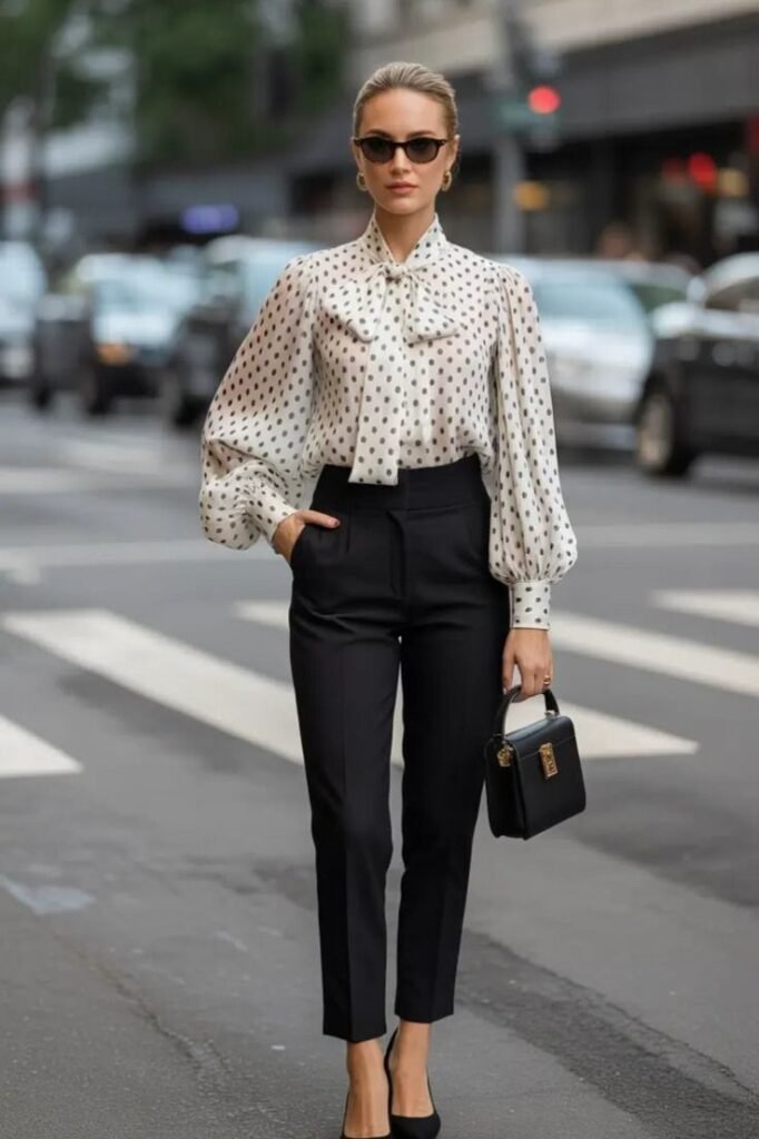 White Polka Dot Pussy-Bow Blouse + Black High-Waisted Trousers + Black Pointed Heels