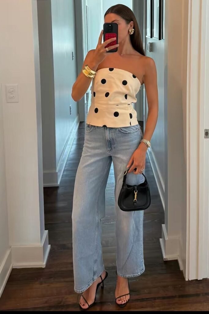 White Polka Dot Strapless Top + Light Wash Wide Leg Jeans + Black Strappy Heels