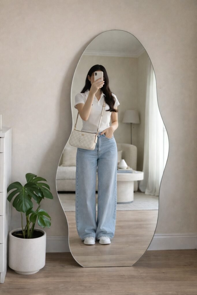 White Polo Shirt + Light Wash Wide Leg Jeans + White Sneakers