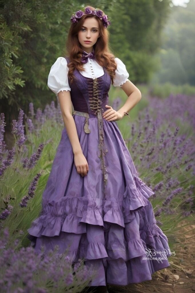 White Puff Sleeve Blouse + Purple Lace Up Corset Gown + Floral Crown