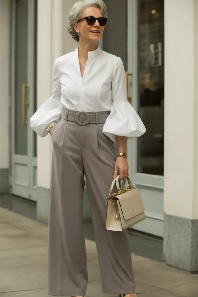 White Puff Sleeve Blouse + Taupe High Waisted Wide Leg Trousers + Beige Top Handle Bag