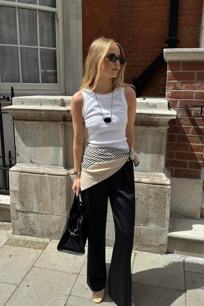 White Ribbed Tank Top + Black Flowy Trousers + Striped Cream Scarf Belt