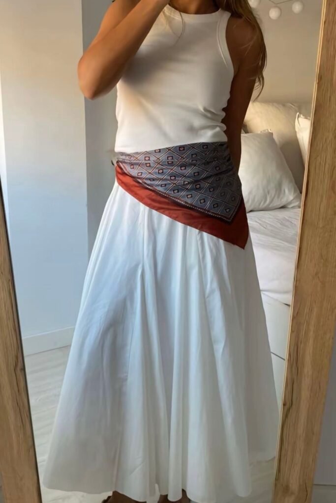 White Ribbed Tank Top + Geometric Print Waist Scarf + White A Line Skirt