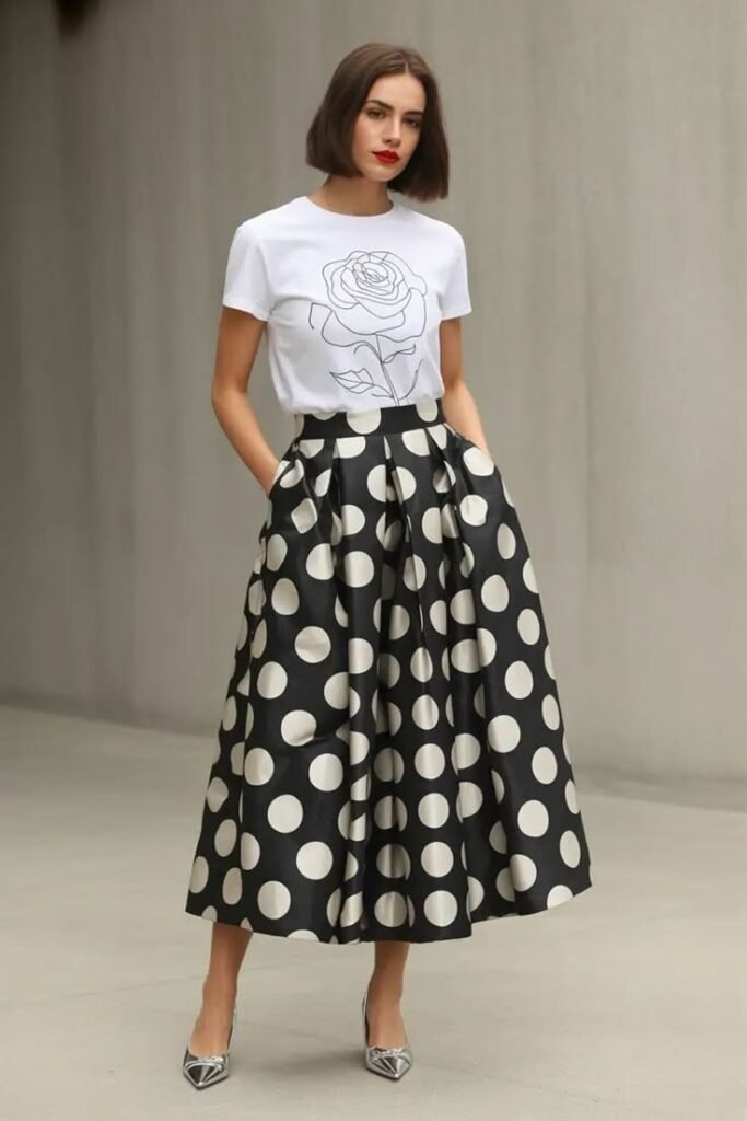 White Rose Graphic T Shirt + Oversized Polka Dot Pleated Skirt + Silver Pointed Toe Flats