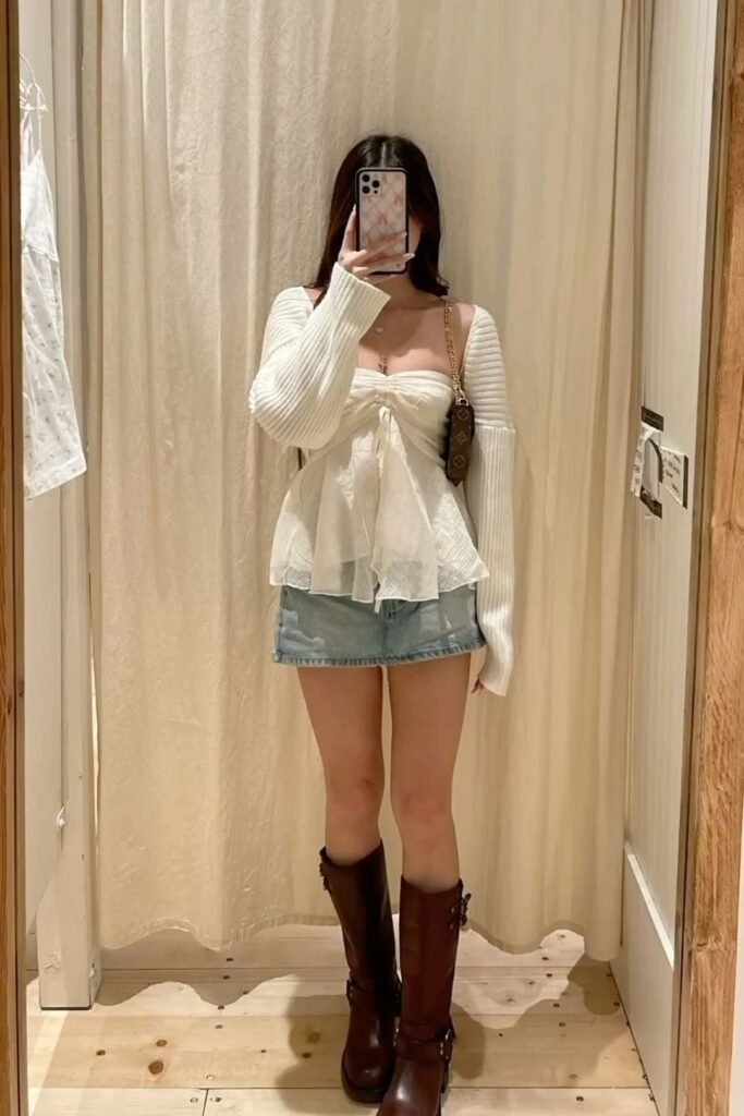 White Ruched Peplum Top + Cream Long Sleeve Cardigan + Light Wash Denim Mini Skirt + Brown Knee High Boots