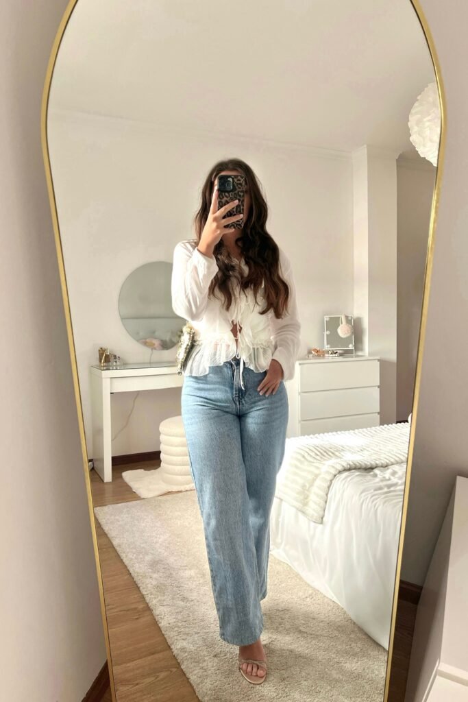 White Ruffle Blouse + Light Blue Wide Leg Jeans + Beige Heeled Sandals