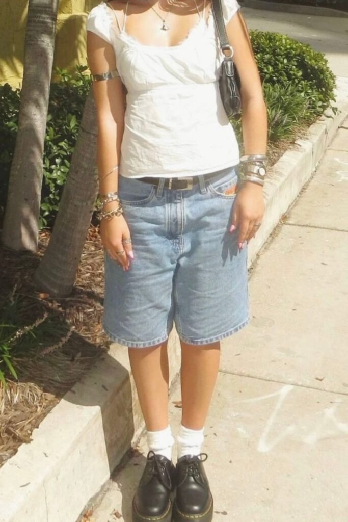 White Ruffled Cap-Sleeve Blouse + Classic Denim Shorts + Black Leather Oxfords