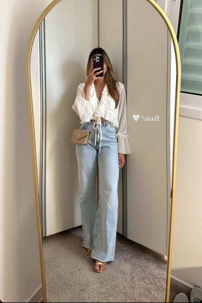 White Ruffled Tie Front Blouse + Light Wash Wide Leg Jeans + Gold Metallic Sandals