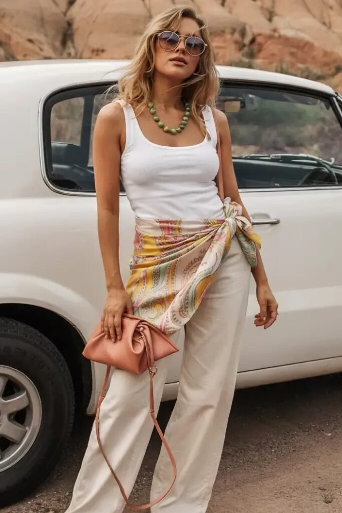 White Scoop Neck Tank + Cream Linen Pants + Pink Paisley Scarf Belt