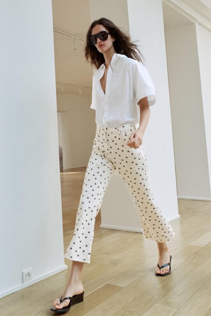 White Short Sleeve Button Down + Cream Polka Dot Cropped Pants + Black Wedge Flip Flops
