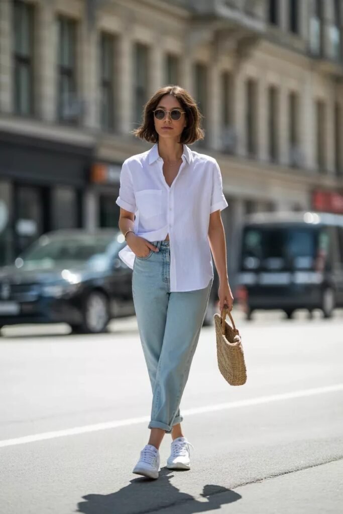 White Short-Sleeve Button-Down + Light Wash Tapered Jeans + White Sneakers