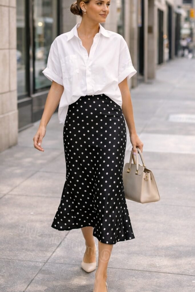 White Short Sleeve Button Down Shirt + Black Polka Dot Mermaid Midi Skirt + Beige Pointed Toe Flats