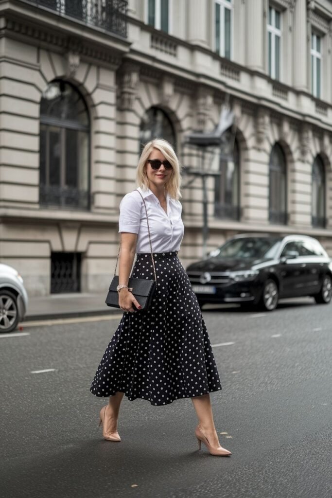 White Short Sleeve Button Down Shirt + Black Polka Dot Midi Skirt + Nude Pumps