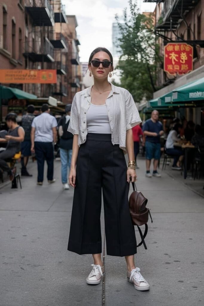 White Short Sleeve Button Down Shirt + White Tank Top + Black Wide Leg Culottes + White Sneakers