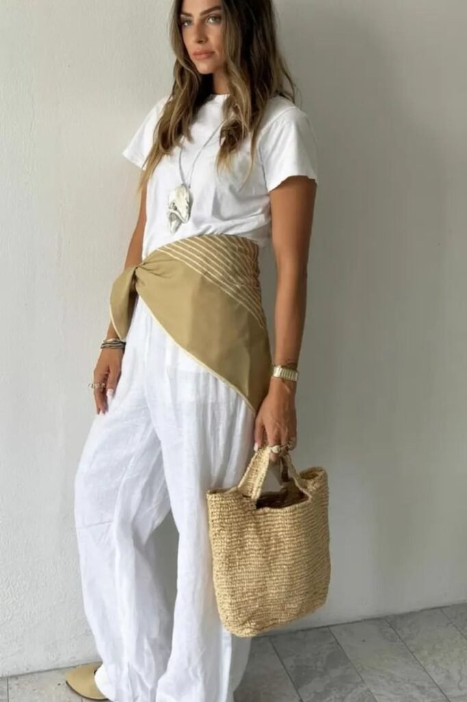 White Short Sleeve Tee + White Linen Trousers + Tan Striped Scarf Belt