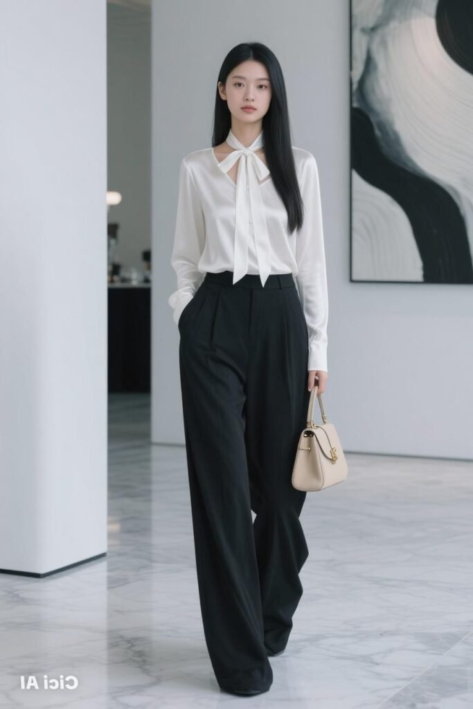 White Silk Bow Tie Blouse + Black High Waisted Wide Leg Trousers