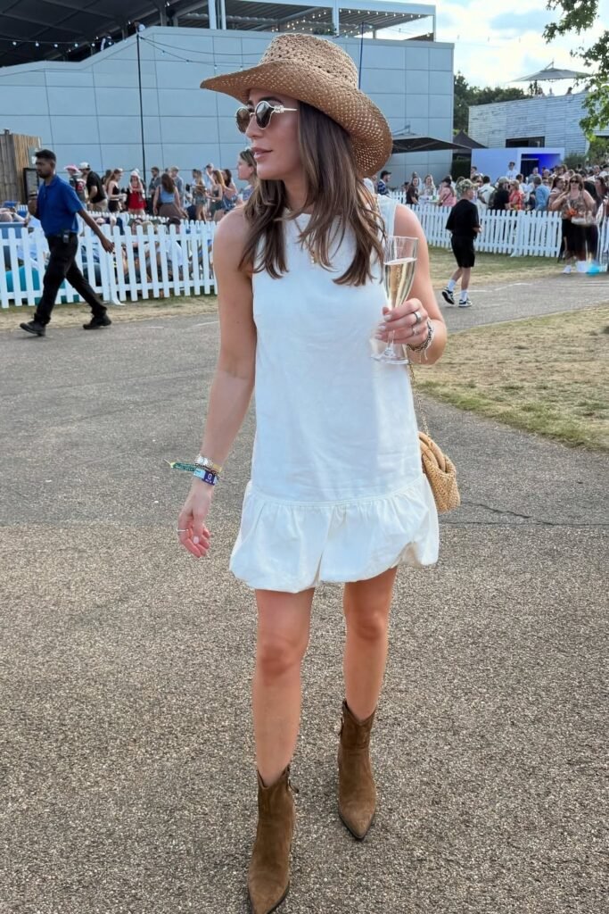 White Sleeveless Bubble Hem Mini Dress + Straw Cowboy Hat + Brown Suede Ankle Boots