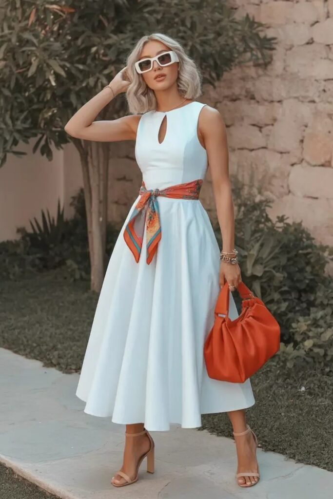 White Sleeveless Dress + Orange Scarf Belt + Orange Handbag