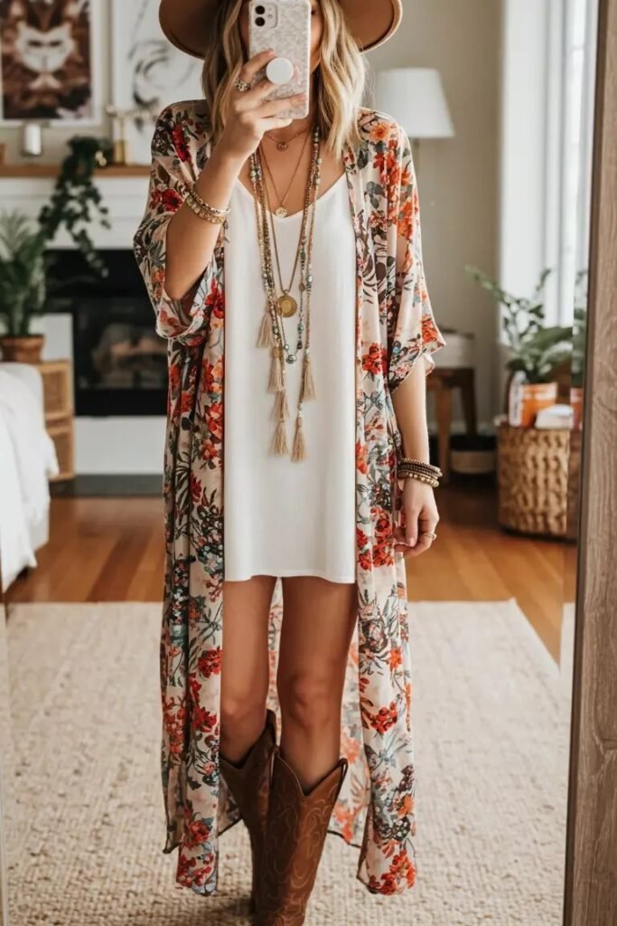 White Slip Dress + Floral Kimono + Brown Western Boots