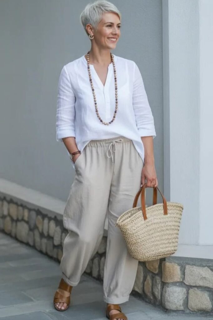 White Split-Neck Linen Blouse + Beige Drawstring Joggers + Tan Leather Sandals