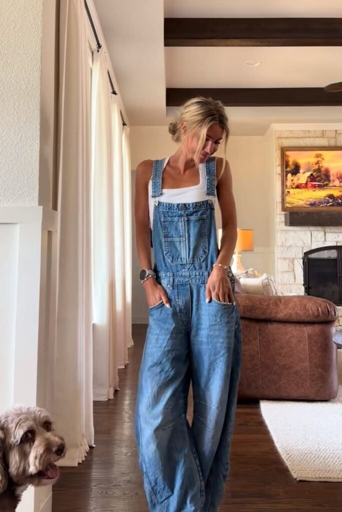 White Square-Neck Tank + Denim Overalls + Gold Bracelet