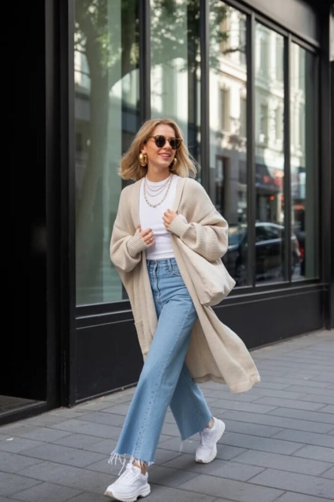 White T Shirt + Beige Cardigan + Light Wash Wide Leg Jeans + White Sneakers + Beige Tote Bag