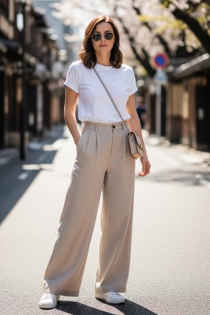 White T Shirt + Beige Wide Leg Pleated Trousers + White Sneakers