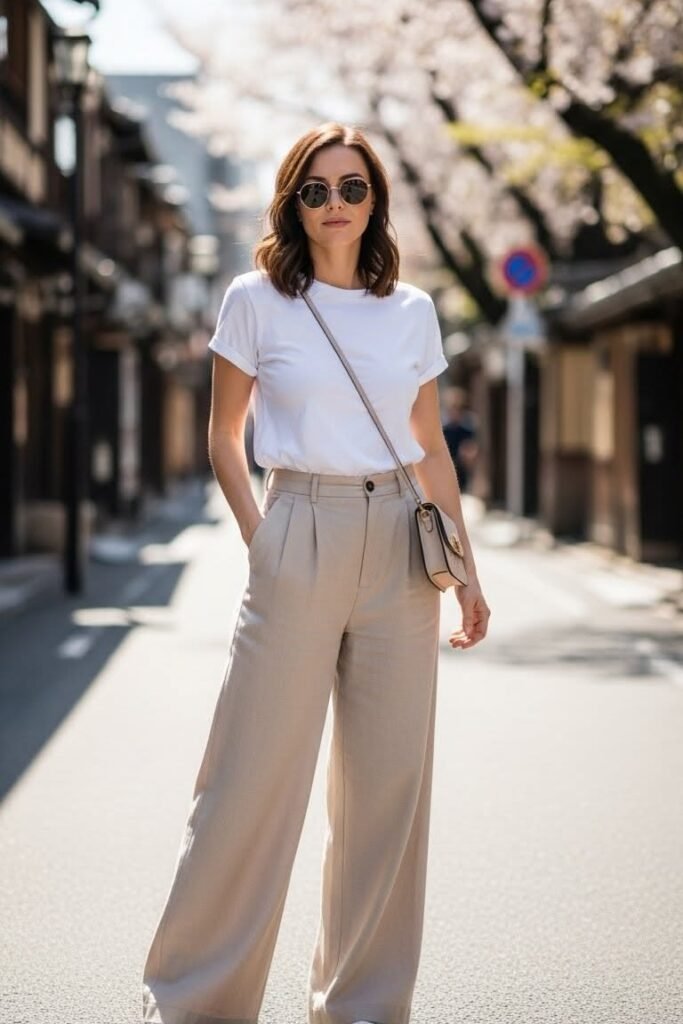 White T Shirt + Beige Wide Leg Trousers + Crossbody Bag