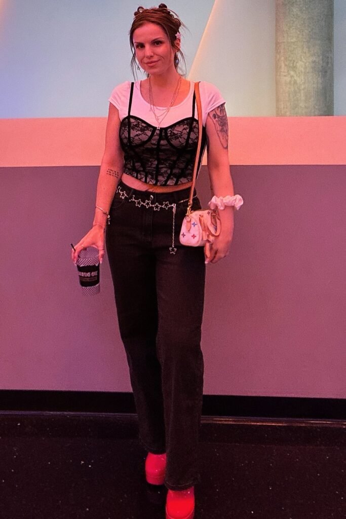 White T Shirt + Black Lace Corset Top + Black Jeans + Red Platform Boots