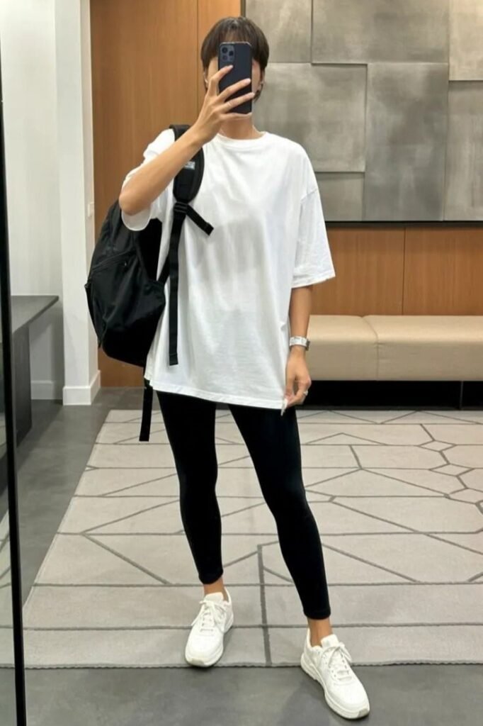 White T Shirt + Black Leggings + White Sneakers