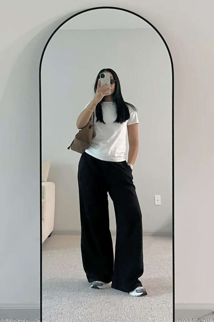 White T Shirt + Black Wide Leg Pants + White Sneakers