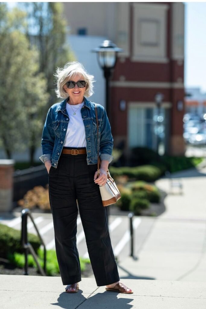 White T Shirt + Blue Denim Jacket + Black Wide Leg Trousers + Brown Slide Sandals