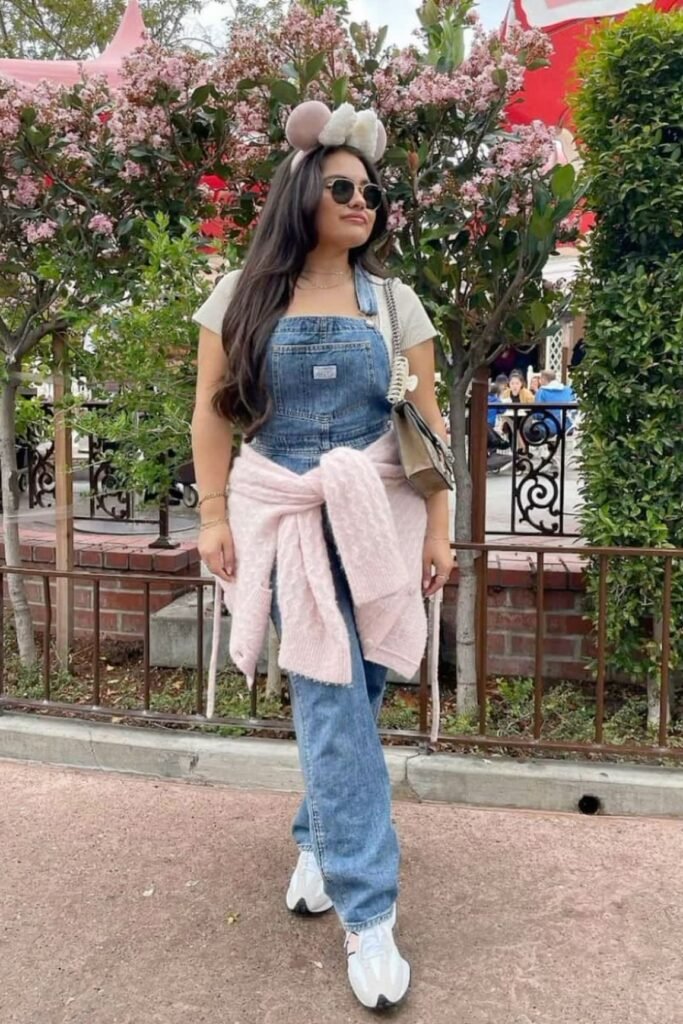 White T Shirt + Denim Overalls + Pink Tie Waist Cardigan + White Sneakers
