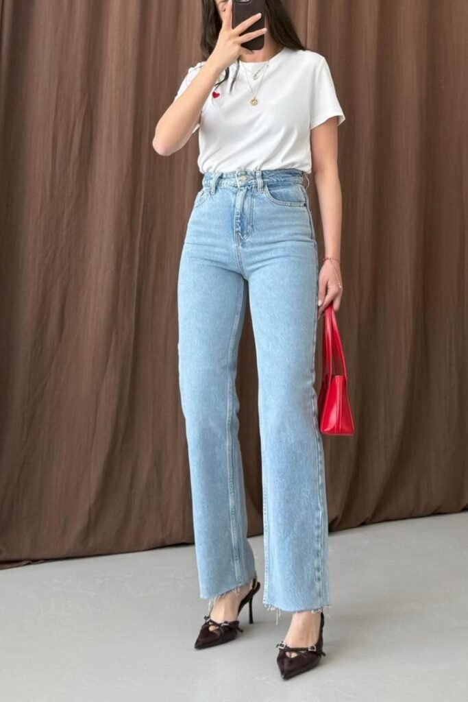 White T Shirt + Light Wash Wide Leg Jeans + Dark Brown Pointed Toe Heels