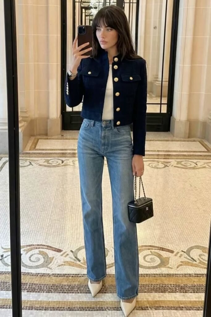 White T Shirt + Navy Cropped Tweed Jacket + Light Wash Straight Leg Jeans + White Pointed Toe Heels
