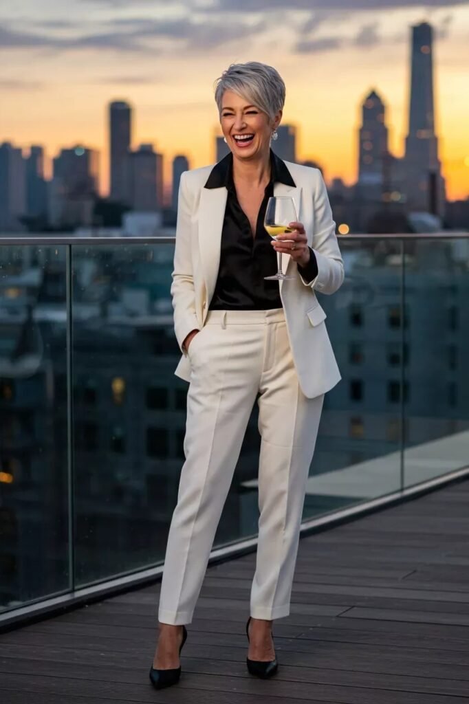 White Tailored Suit + Black Satin Blouse + Black Pointed Heels
